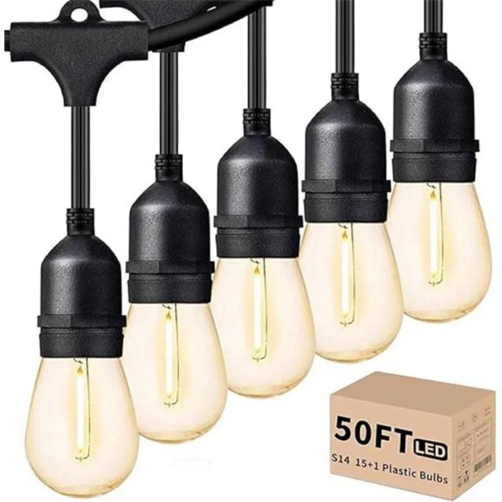 Outdoor Led String Lights 50FT, Patio Lights with 16pcs S14 Shatterproof Bulbs